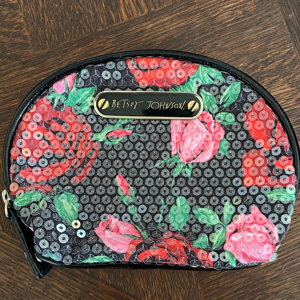 Betsy Johnson Sequin Rose Garden Bag Cosmetic Bag Small Zipper Pouch